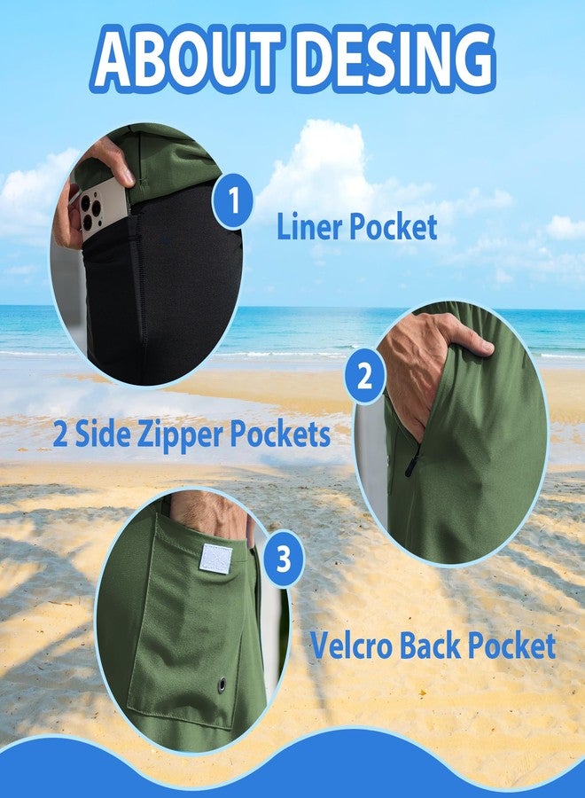 Srnede Mens Swim Trunks Swim Shorts Board Shorts Quick Dry Swimwear Bathing Suits with Compression Line Army Green - Image 4